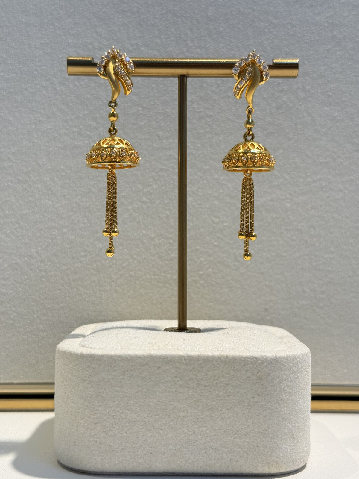 22ct Gold Jhumka Drop Earrings with Clear Stone Detail