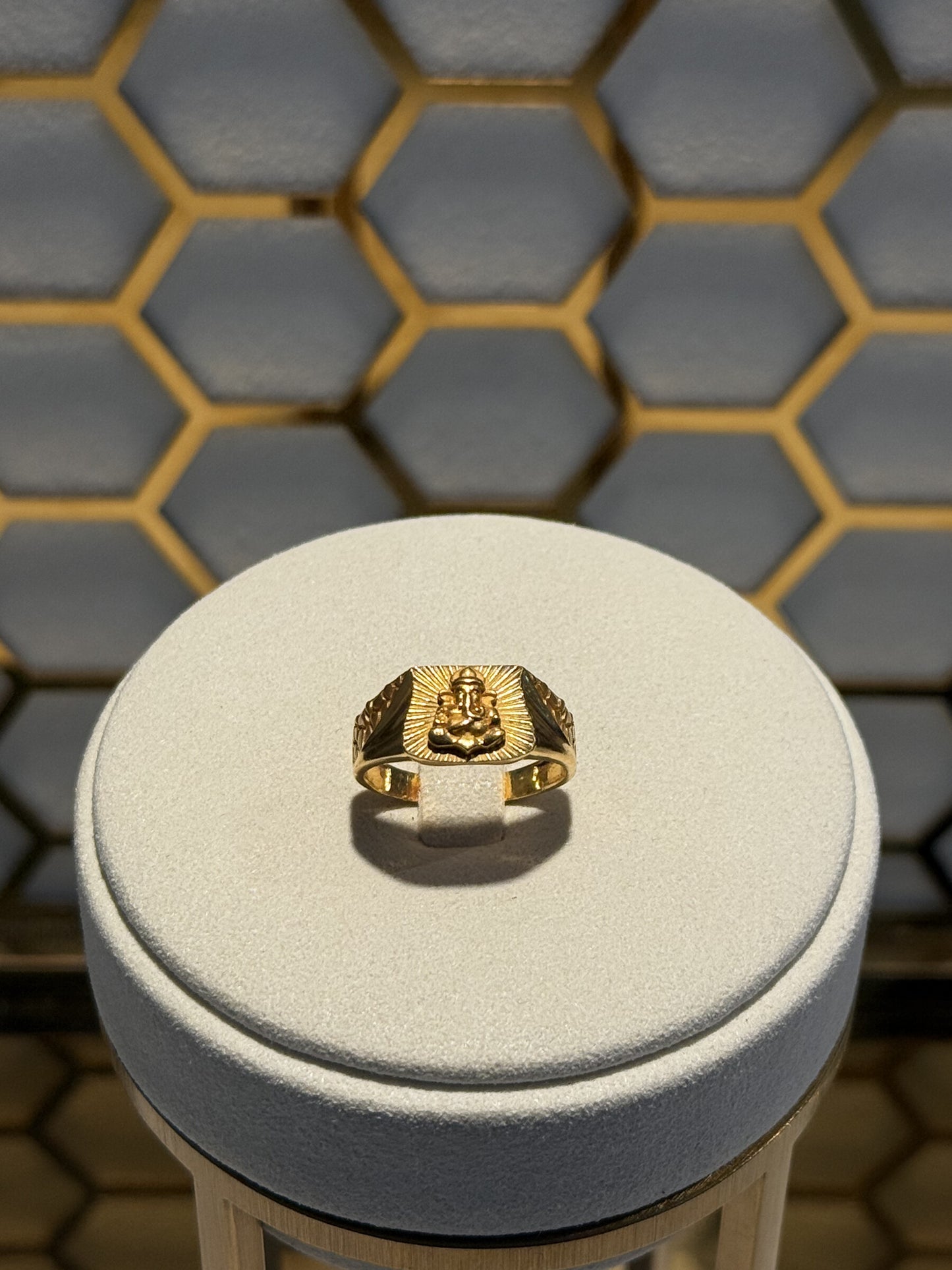 22ct Gold Ganesha Engraved Signet Ring with Sunburst Detail