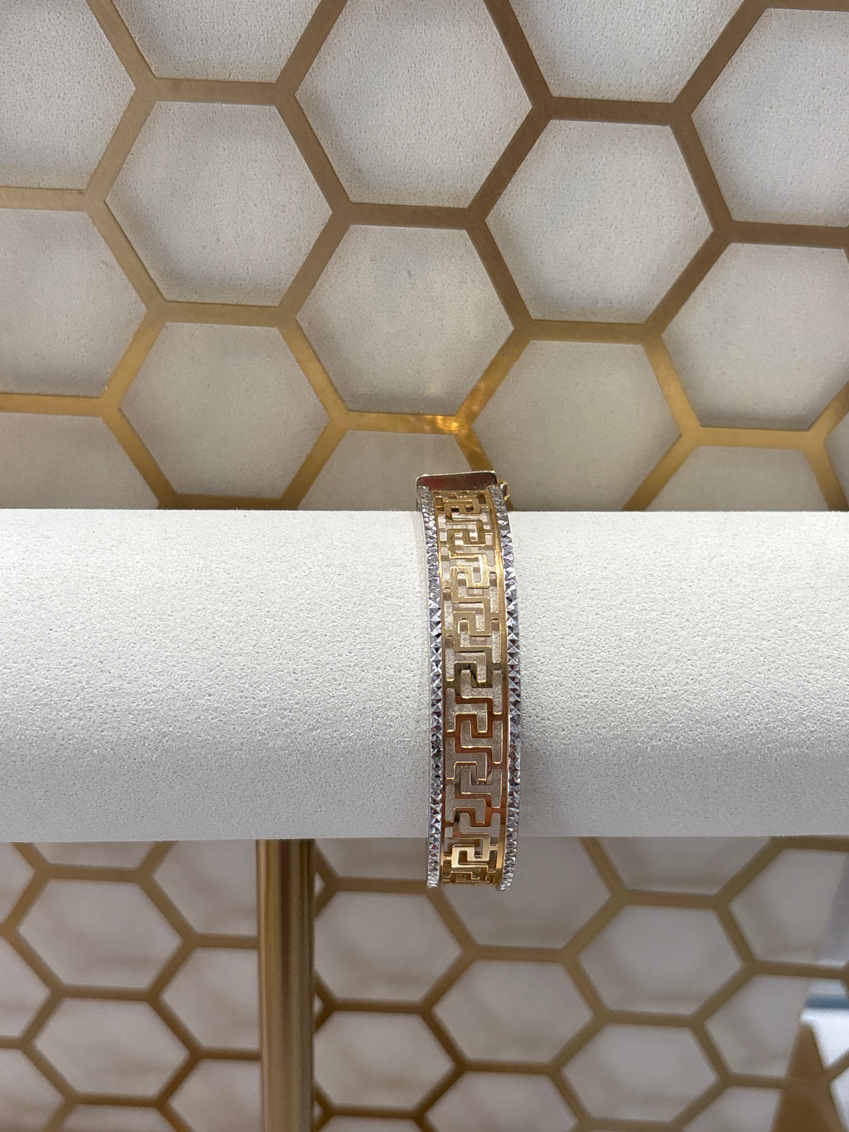 18ct Gold Greek Key Pattern Bangle with Faceted Edges