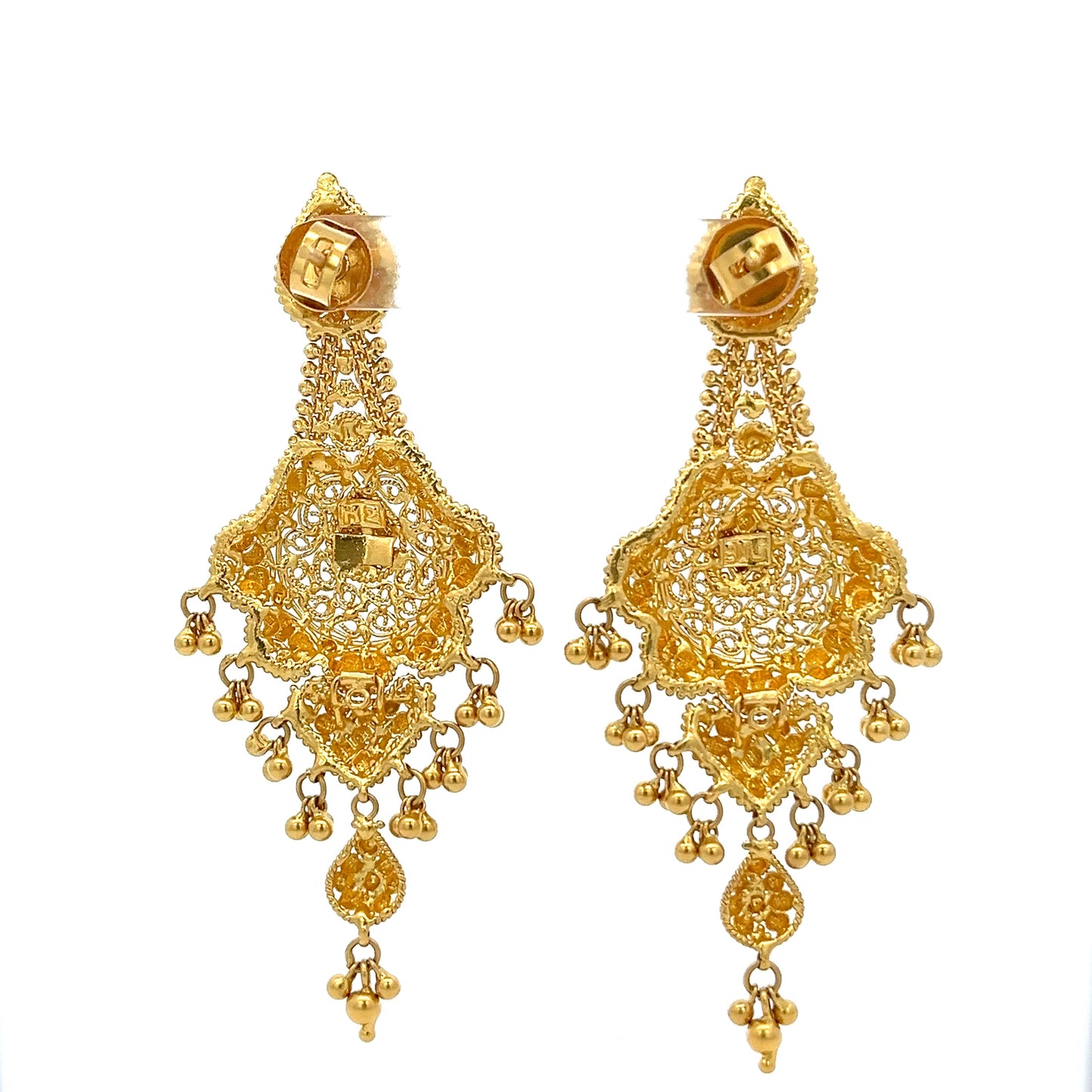 22ct Gold Ornate Filigree Drop Earrings with Beaded Fringe