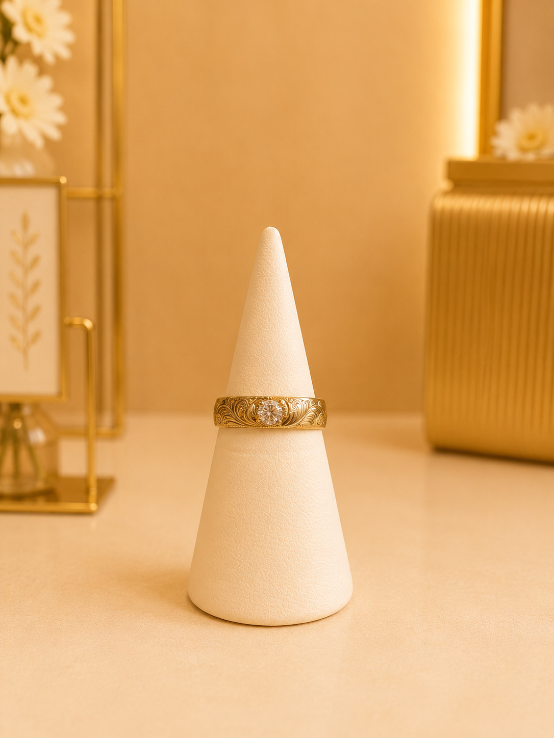 9ct Gold Engraved Band Ring with Central Clear Stone