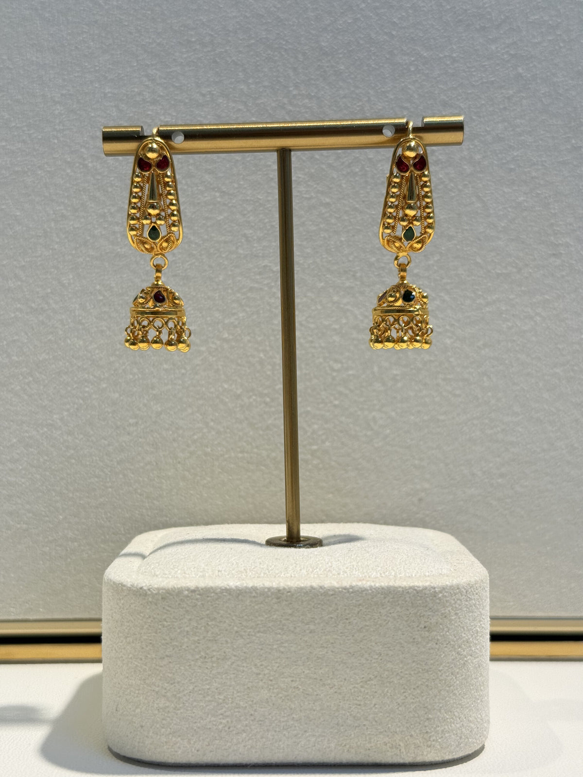 22ct Gold Filigree Jhumka Drop Earrings with Coloured Stones