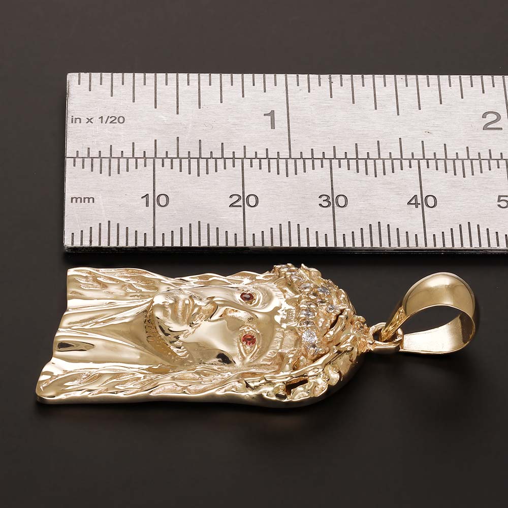 14ct Solid Gold Red Gem - Set Jesus Head Pendant - 48mm PD60008 - 14Y - FJewellery