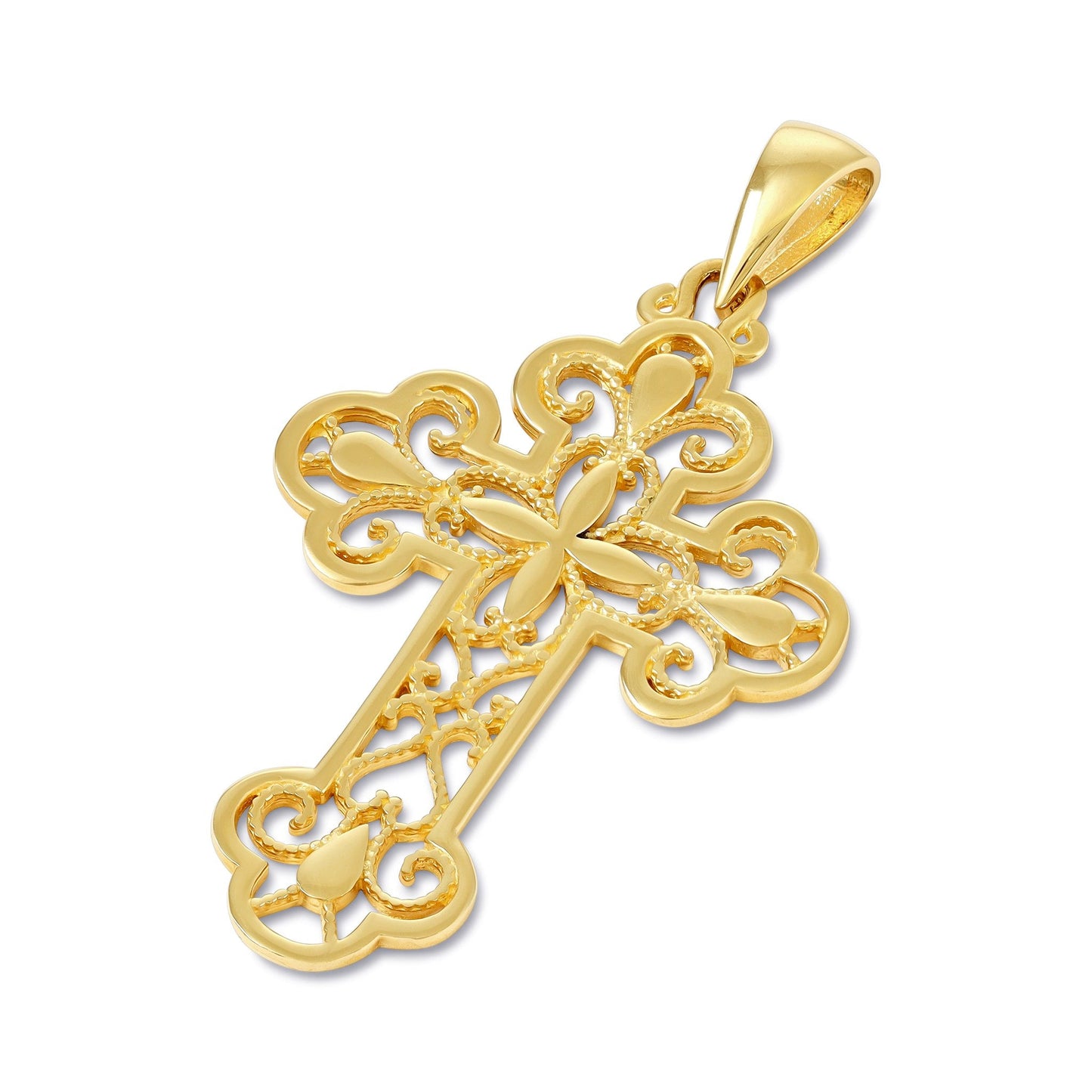 14ct Solid Gold Traditional Patterned Cross Pendant - 33mm PD60081-14Y - FJewellery