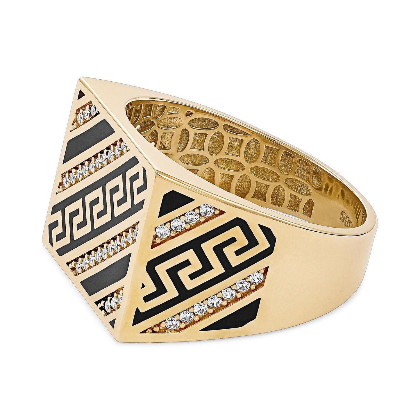14ct Yellow Gold Cubic Zirconia Greek Key Signet Ring - FJewellery