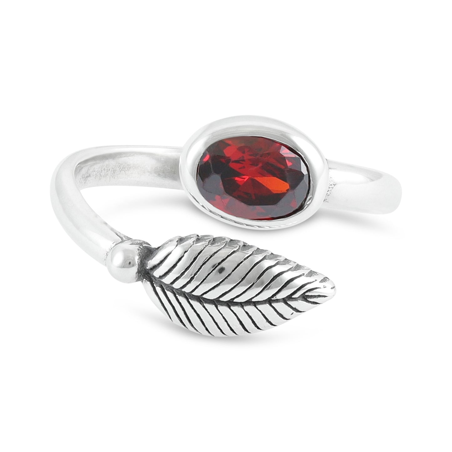 Sterling Silver Leaf Design Red Gemstone Ring