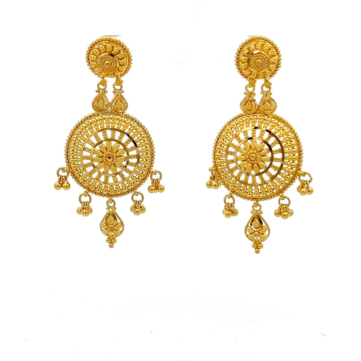 22ct Gold Filigree Disc Drop Earrings with Beaded Drops - FJewellery