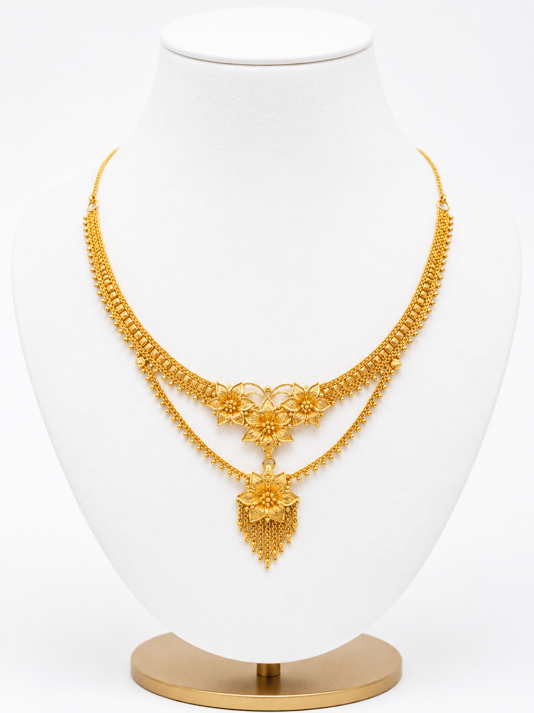 22ct Gold Floral Multi-Strand Necklace with Fringe Pendant - FJewellery