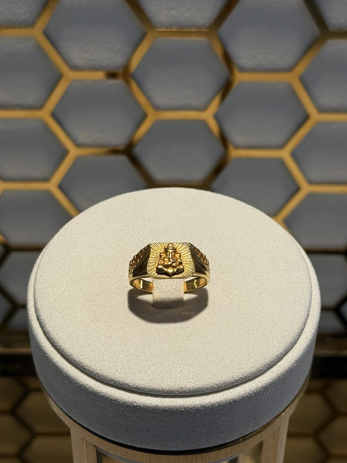 22ct Gold Ganesha Engraved Signet Ring with Sunburst Detail - FJewellery