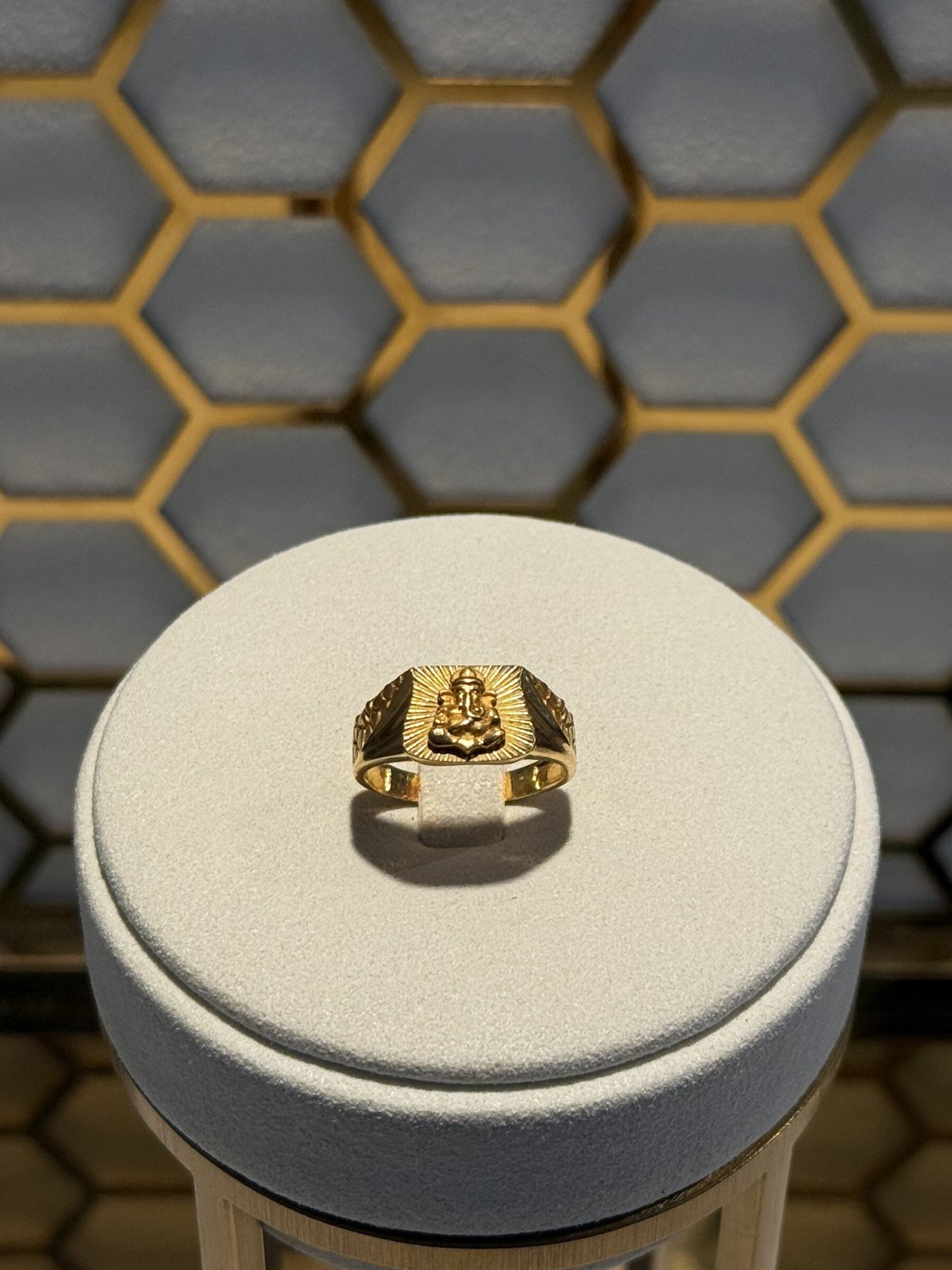 22ct Gold Ganesha Engraved Signet Ring with Sunburst Detail - FJewellery