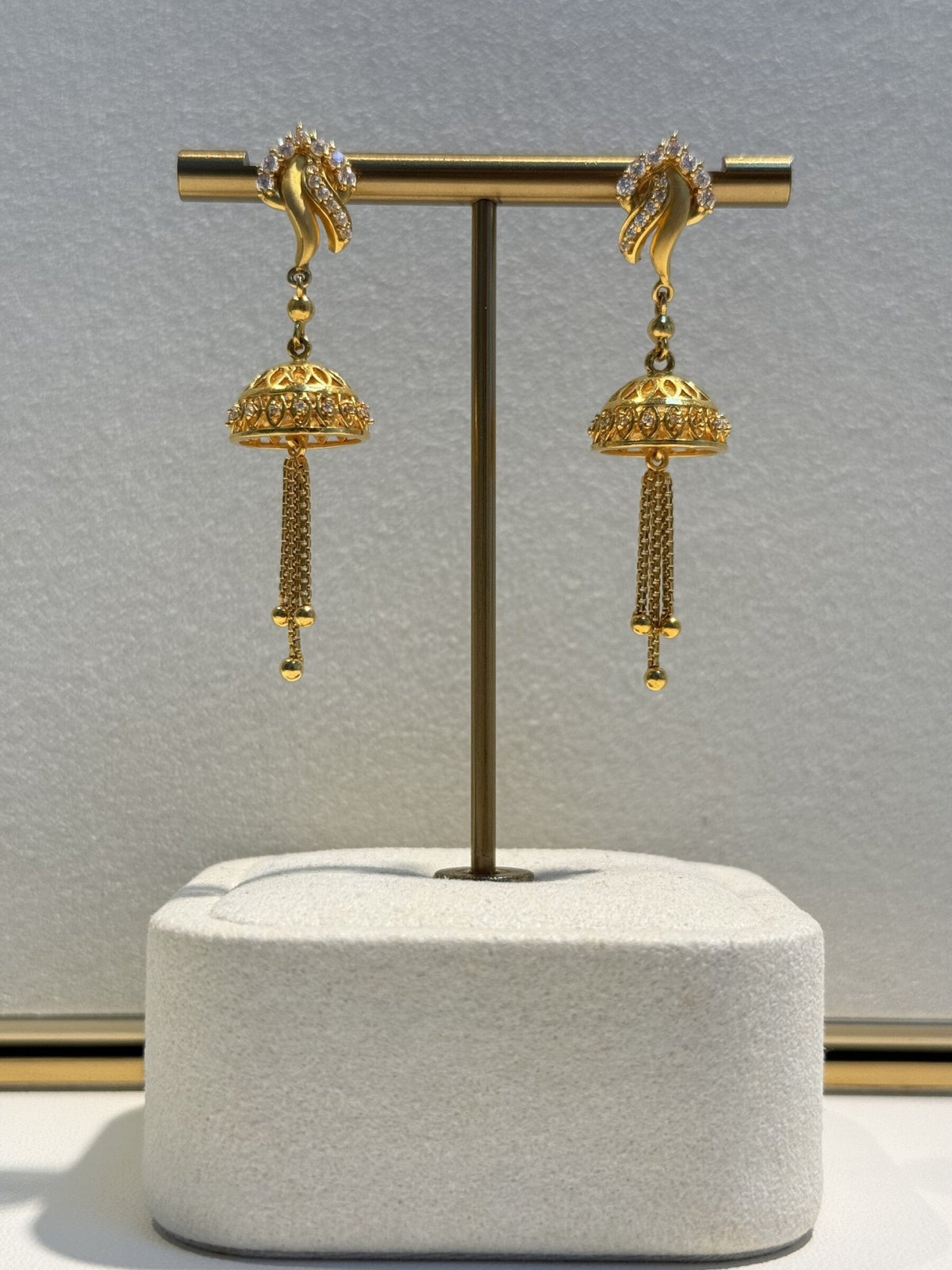 22ct Gold Jhumka Drop Earrings with Clear Stone Detail - FJewellery