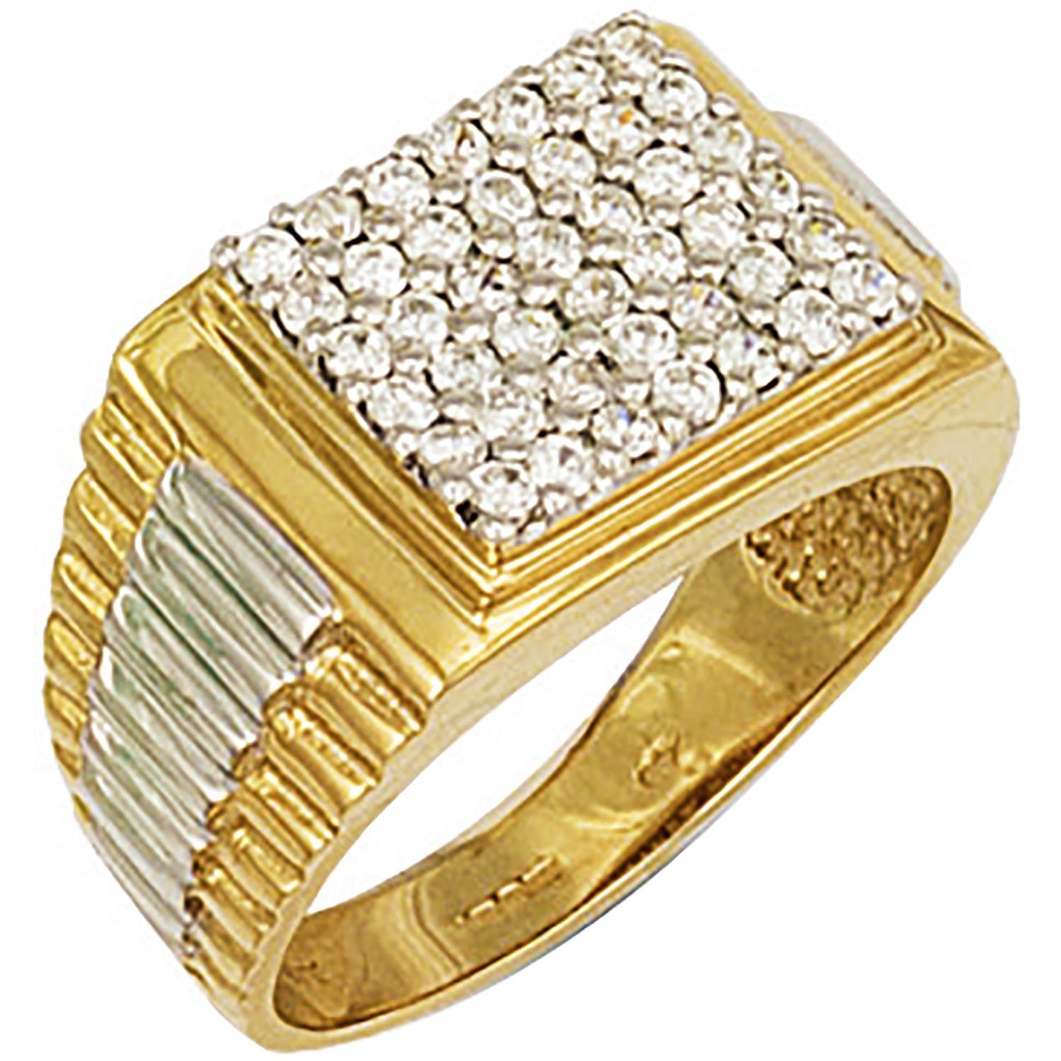 9ct Gold Square Top Ribbed Sides Mens Cz Ring - FJewellery