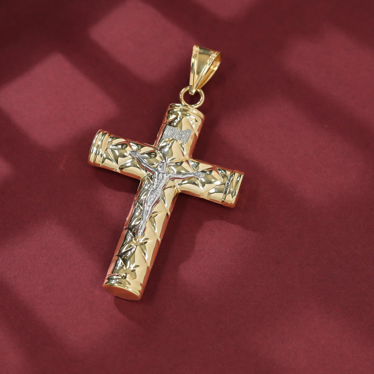 9ct Gold Two Tone Hollow Crucifix Cross Pendant - FJewellery