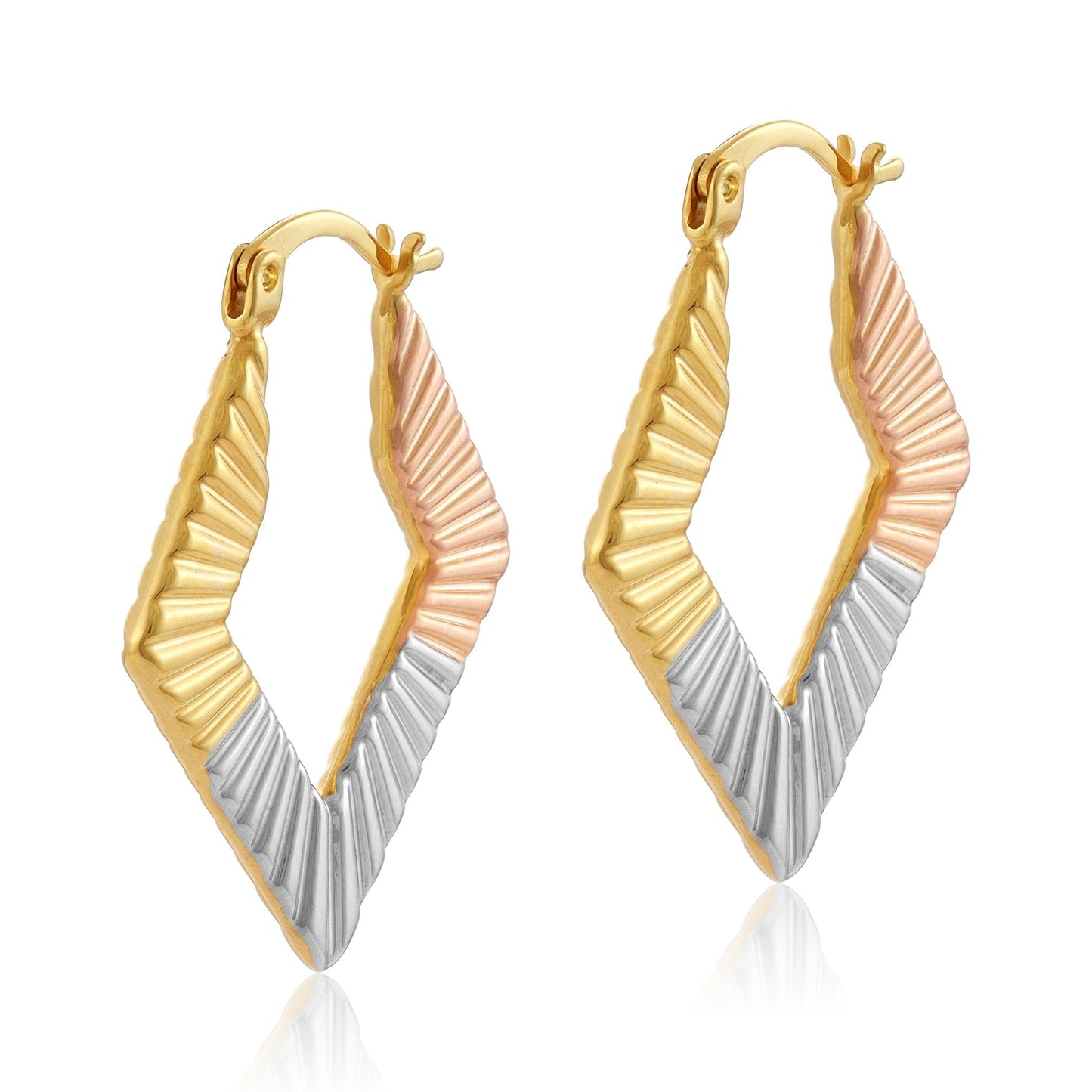 9ct Tri Colour Rhombus Shape Hoop Earrings - FJewellery