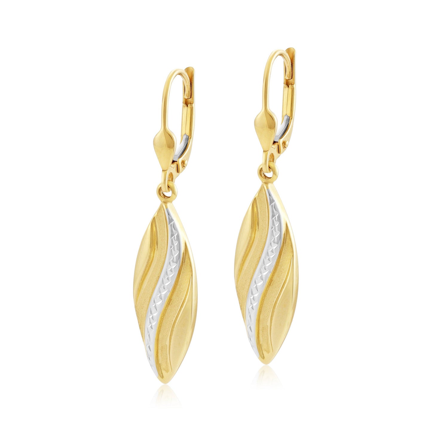 9ct Two Tone Gold Leaf Diamon Cut Drop Earrings - FJewellery