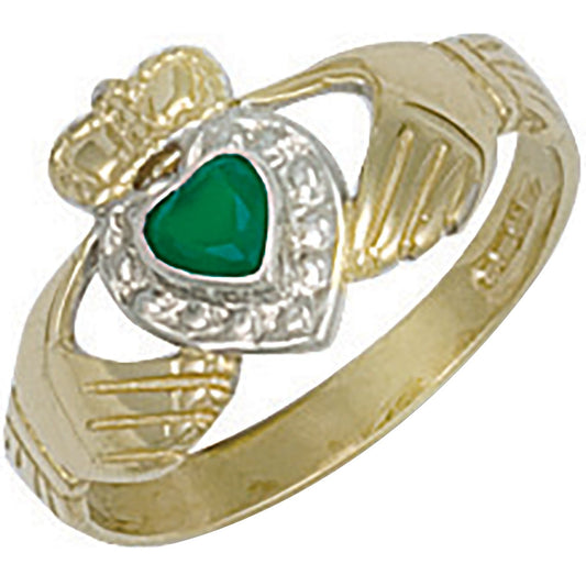 9ct Yellow Gold Cz & Agate Claddagh Ring - FJewellery
