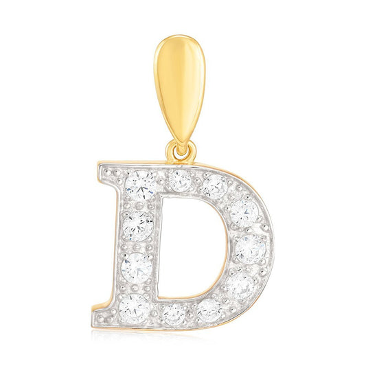 9ct Yellow Gold Large Cubic zirconia Initial Pendant D - FJewellery