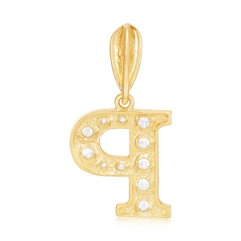 9ct Yellow Gold Large Cubic zirconia Intial Pendant P - FJewellery