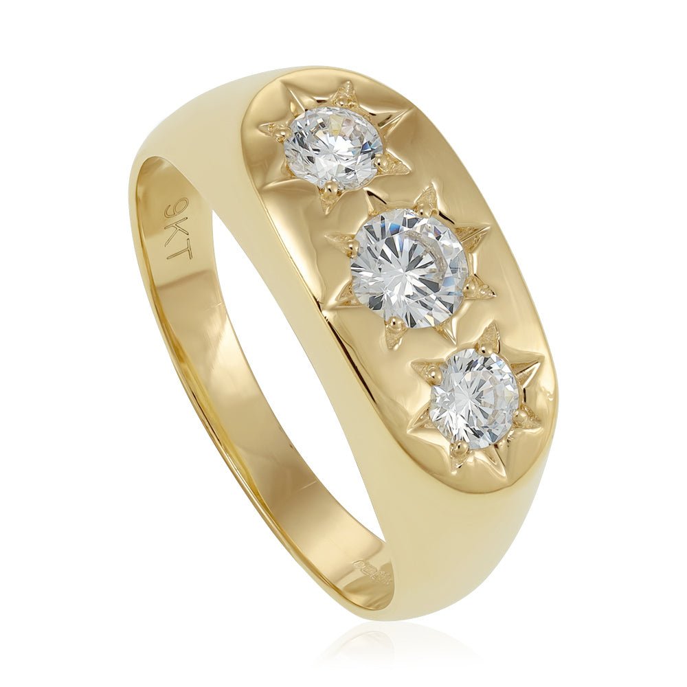 9ct Yellow Gold Mens 3 Stone Cz Plain Ring - FJewellery