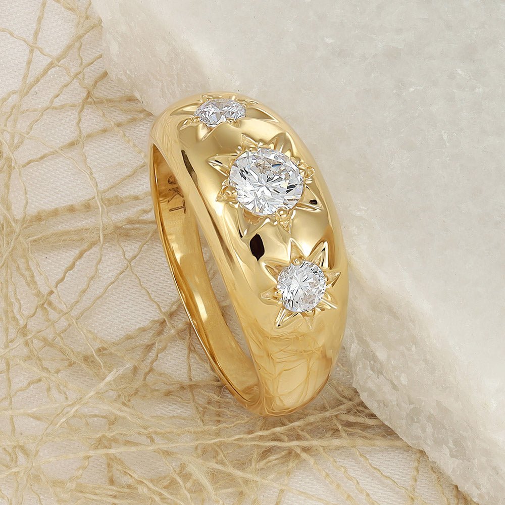 9ct Yellow Gold Mens 3 Stone Star Setting Cz Ring - FJewellery