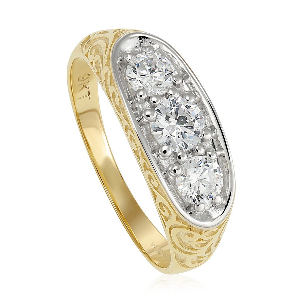 9ct Yellow Gold Ornate Men's 3 Stone Cz Ring - FJewellery