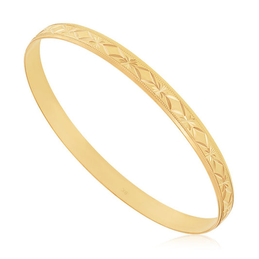 9ct Yellow Gold Patterened Slave Bangle 6mm - FJewellery