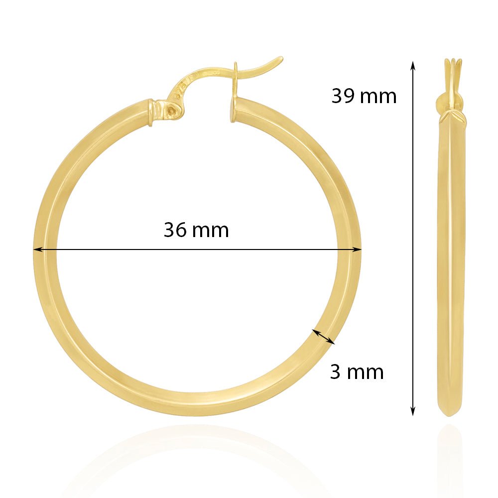 9ct Solid Yellow Gold Plain Hoop Earrings 36mm ERV0087M