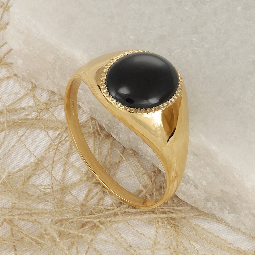 9ct Yellow Gold Plain Oval Black Stone Ring 111099 - FJewellery