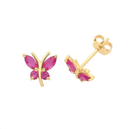9ct Yellow Gold Ruby Butterfly Stud Earrings - FJewellery