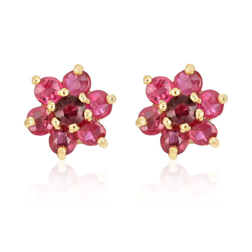 9ct Yellow Gold Ruby Flower Stud Earrings - FJewellery