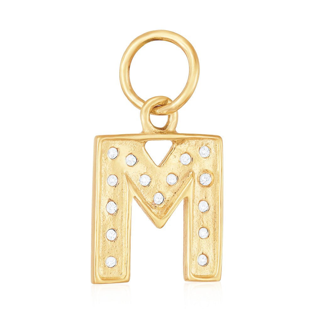 9ct Yellow Gold Small Cubic zirconia Initial Pendant M - FJewellery