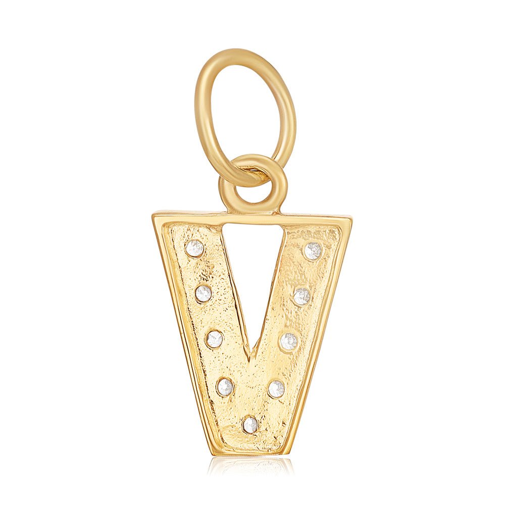 9ct Yellow Gold Small Cubic zirconia Initial Pendant V - FJewellery