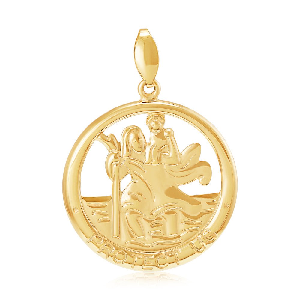 9ct Yellow Gold St Christopher Round Cut Out Protect Us Medal - FJewellery