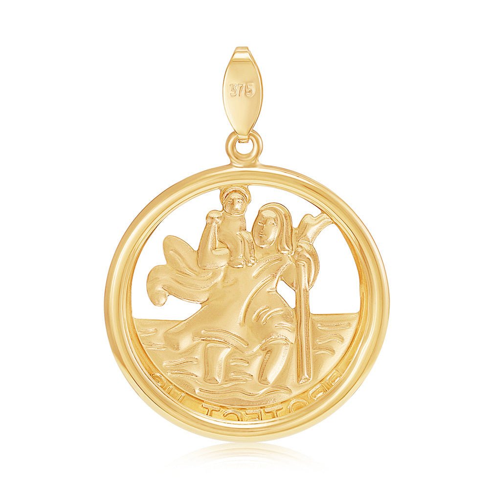 9ct Yellow Gold St Christopher Round Cut Out Protect Us Medal - FJewellery