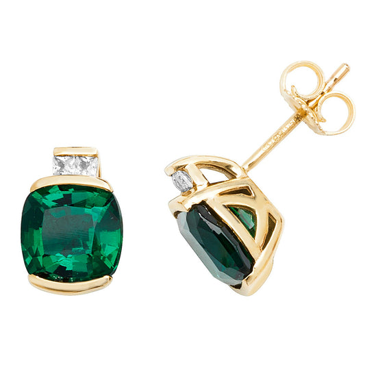 9ct Yellow Gold Stud Earrings Cushion Created Emerald & White Sapphire - FJewellery