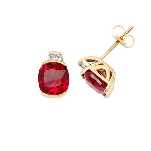 9ct Yellow Gold Stud Earrings Cushion Created Ruby & White Sapphire - FJewellery