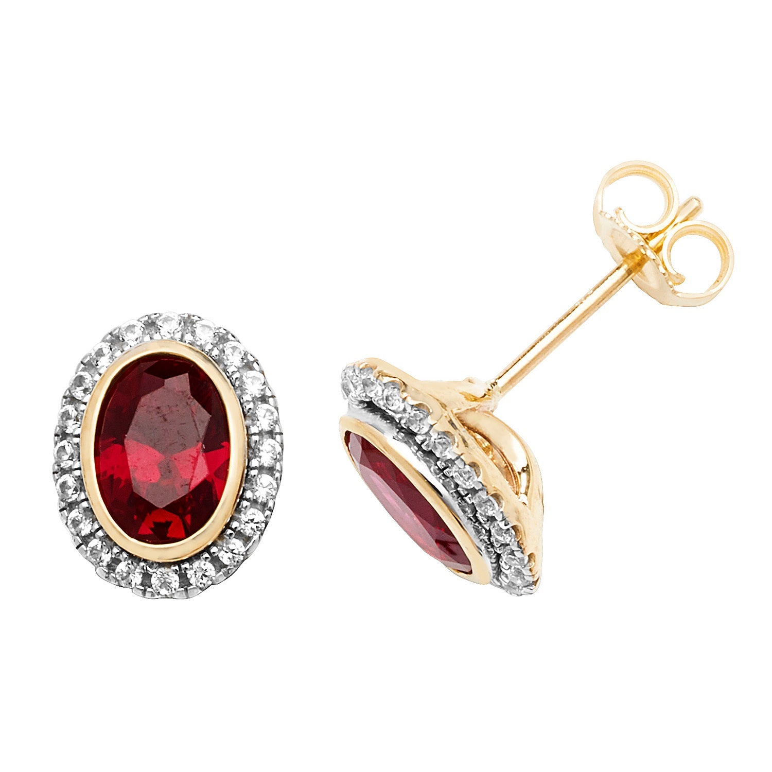 9ct Yellow Gold Stud Earrings Oval Ruby & White Sapphire - FJewellery