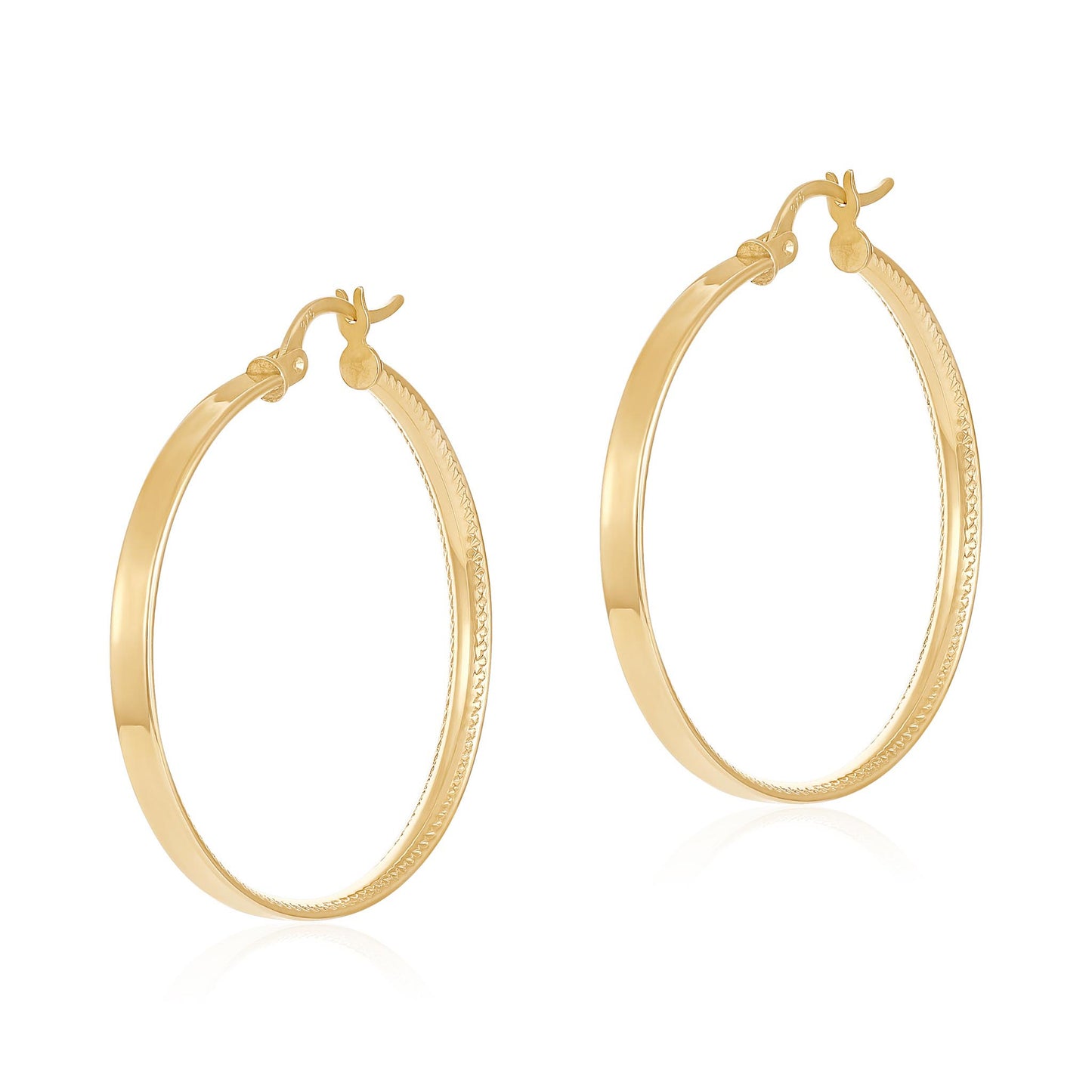 9ct Yellow Gold Track Edge Detail Hoop Earrings - 37mm