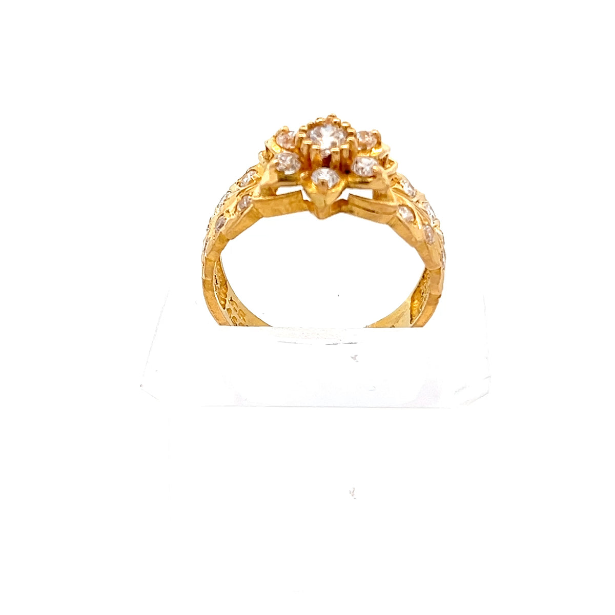 22ct Gold Floral Leaf Cluster Ring with Clear Stones