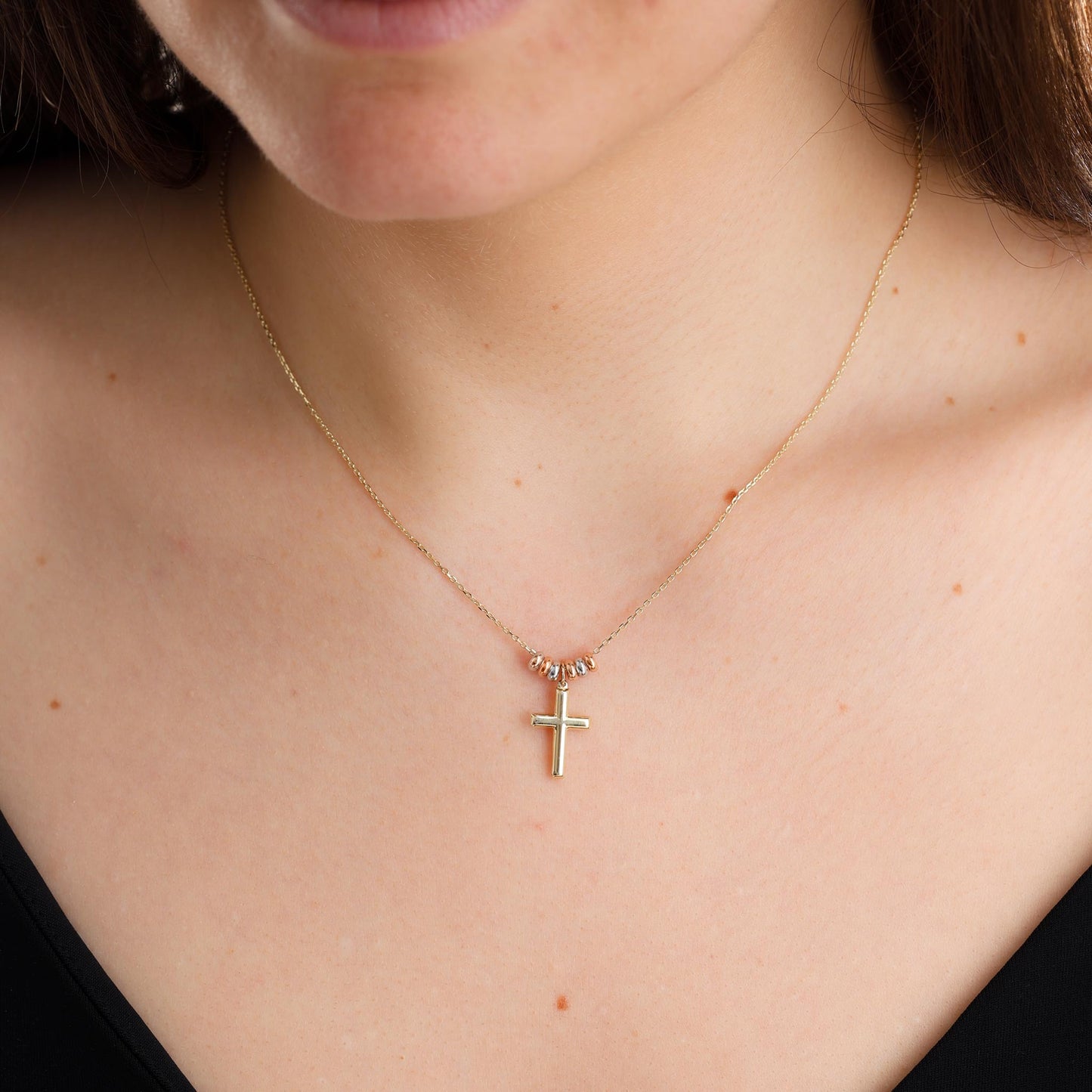 9ct Yellow Gold Tri Color Bead Cross Pendant Necklace