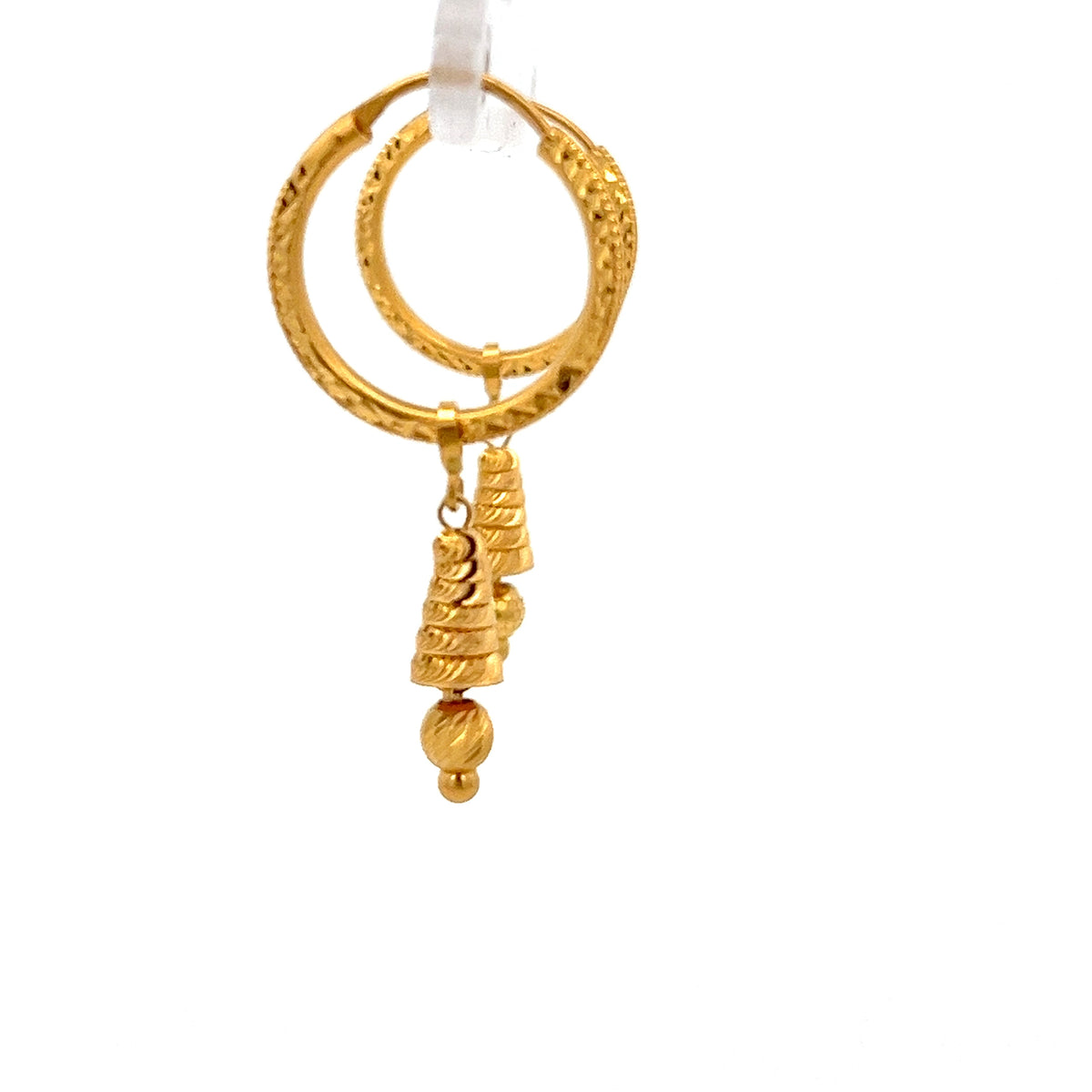 22ct Gold Textured Hoop Drop Earrings with Ribbed Pendant