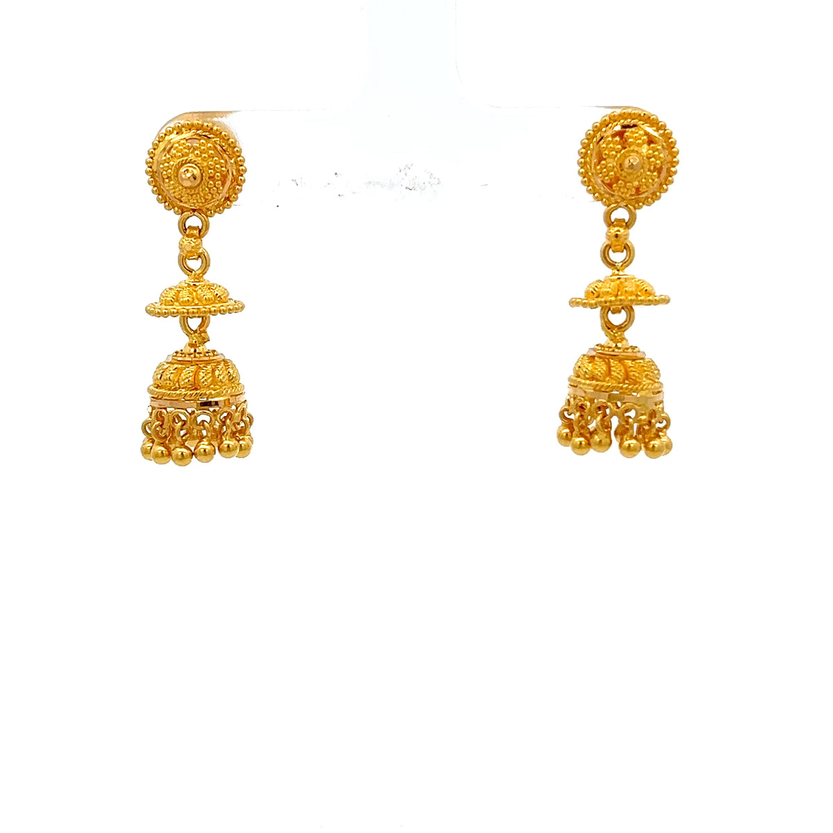 22ct Gold Jhumka Drop Earrings with Domed Filigree Details