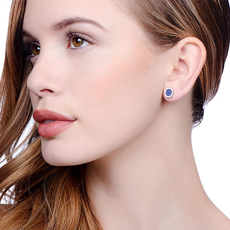 Cluster Stud 925 Sterling Silver Earrings Set With Blue CZs - FJewellery