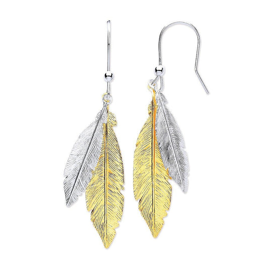 Gold Plated 925 Sterling Silver Feather Drop Earrings - FJewellery