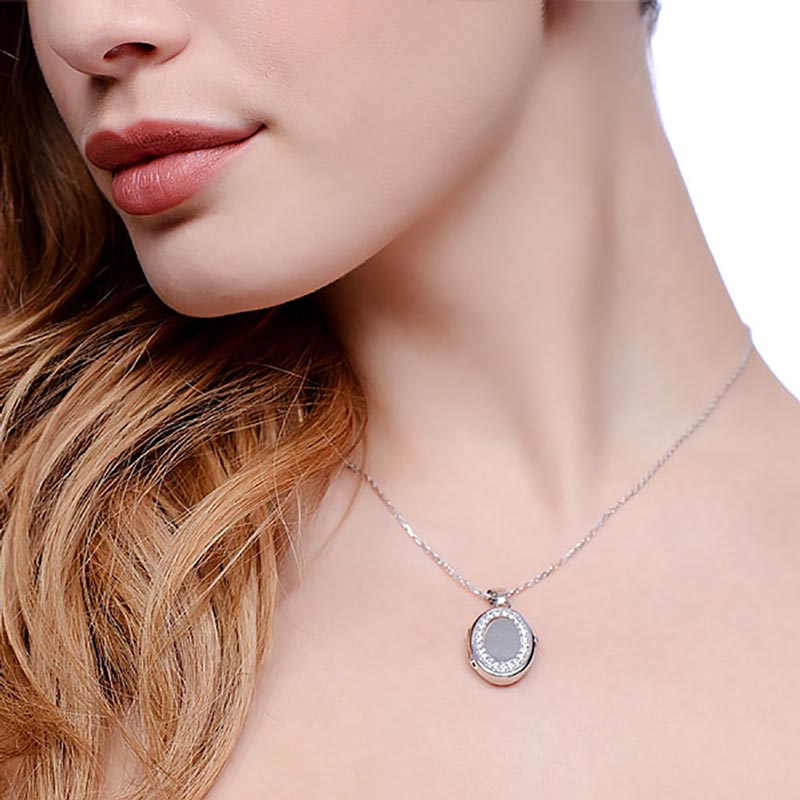 Oval 925 Sterling Silver Locket Set With Cubic Zirconia - FJewellery