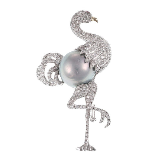 Pre-owned 18ct White Gold Flamingo Pearl Brooch - 16g - FJewellery