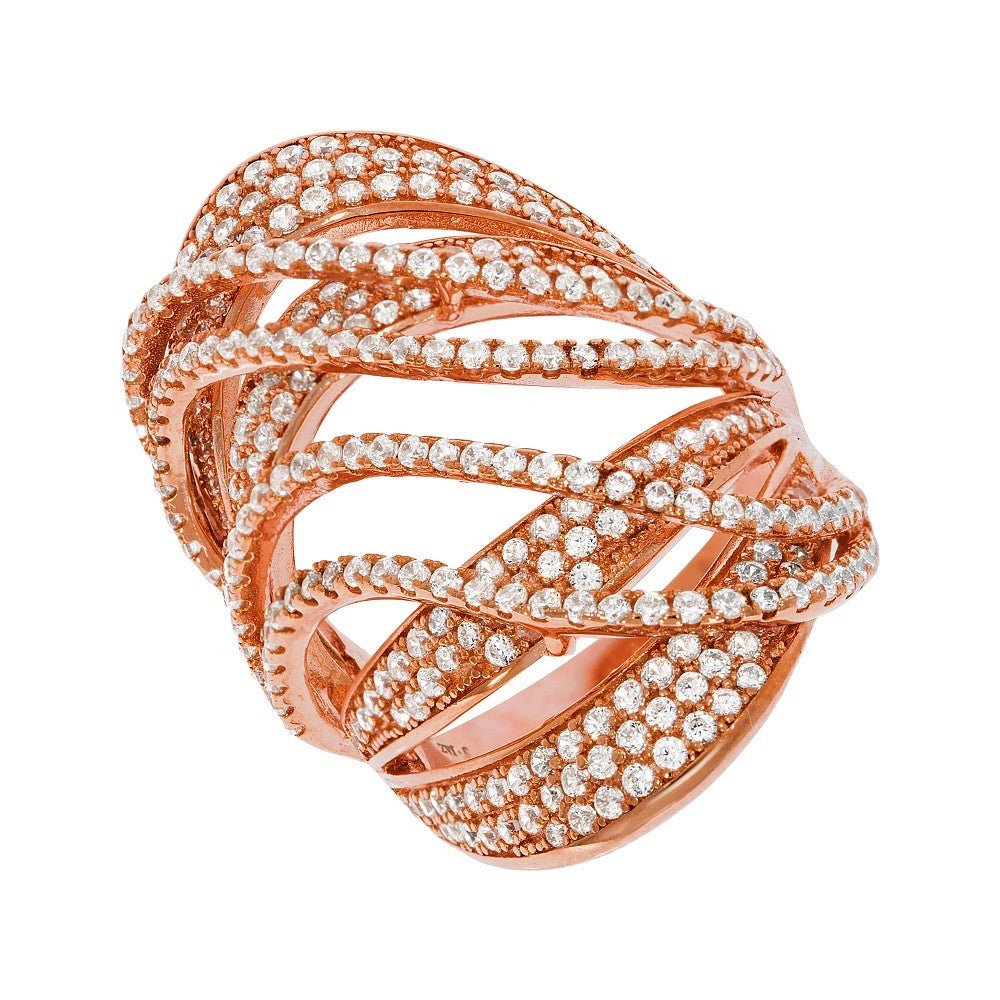 Rose Gold Plated 925 Sterling Silver Crossover Cocktail Ring - FJewellery