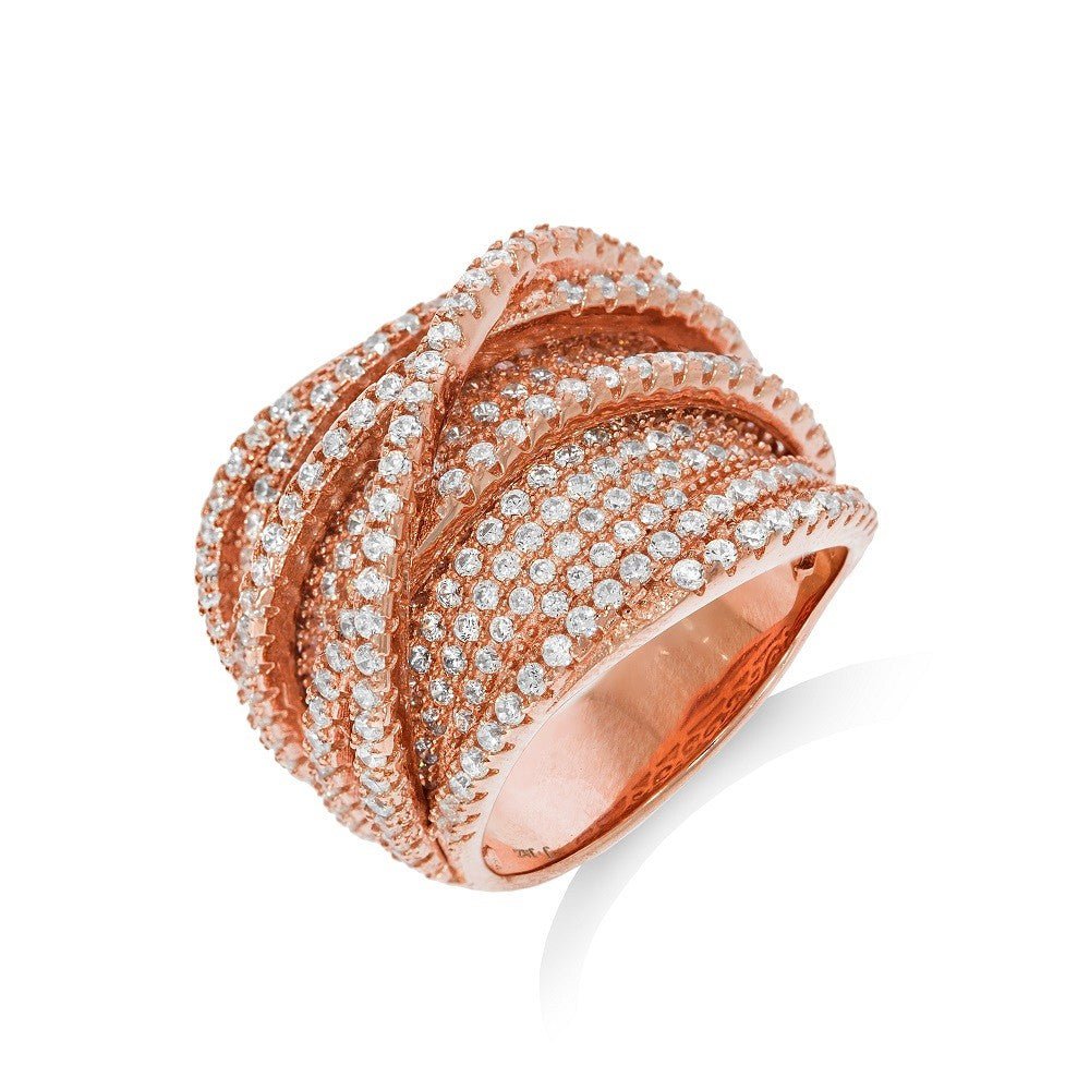 Rose Gold Plated 925 Sterling Silver Sparkling Crossover Ring - FJewellery