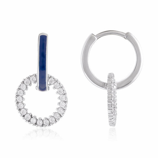 Silver blue Enamel hoop Rhodium plated Cubic zirconia earrings SER3003 - FJewellery