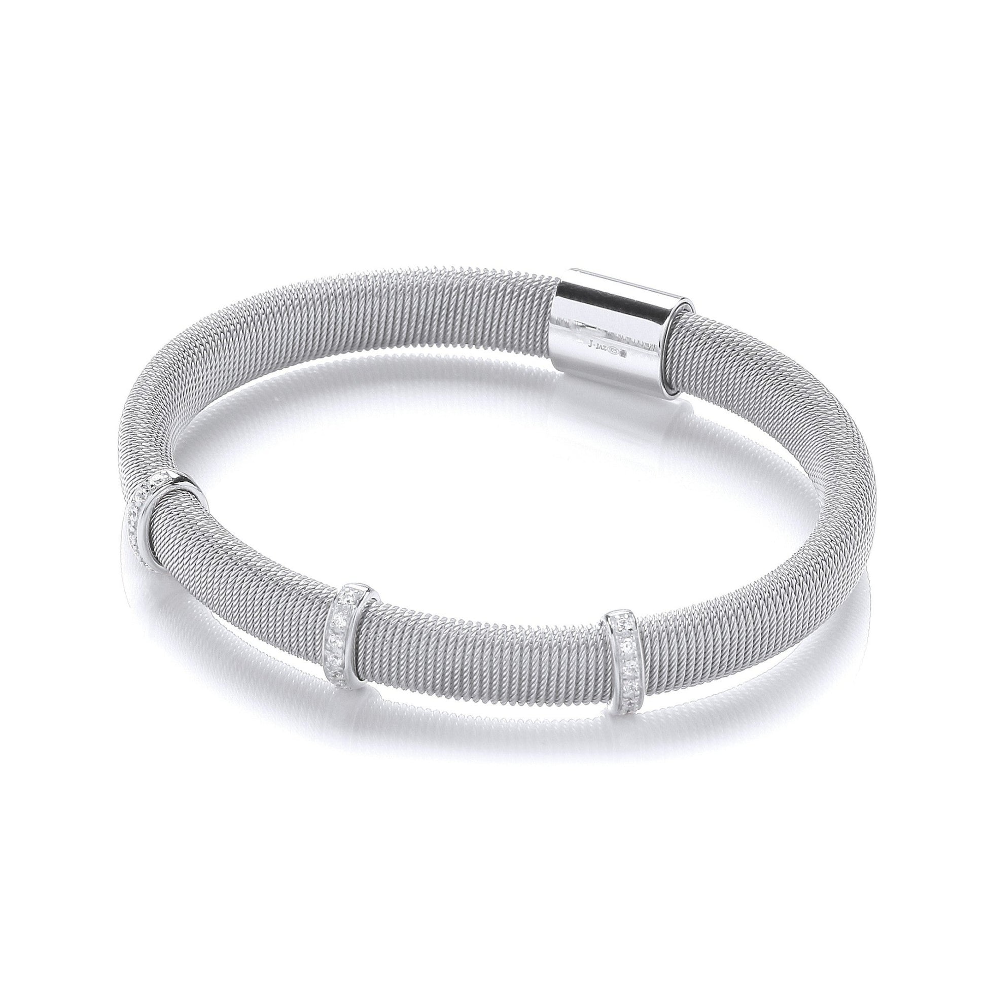 Sterling 925 Silver Mesh Bangle Set With White Cubic Zirconia - FJewellery